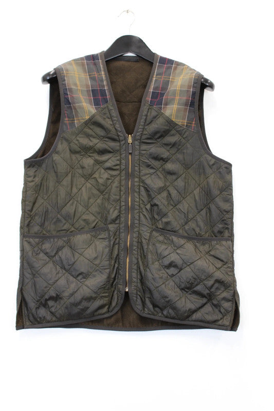 Re/worked Barbour Quilted Gilet Olive Green with Tartan Medium