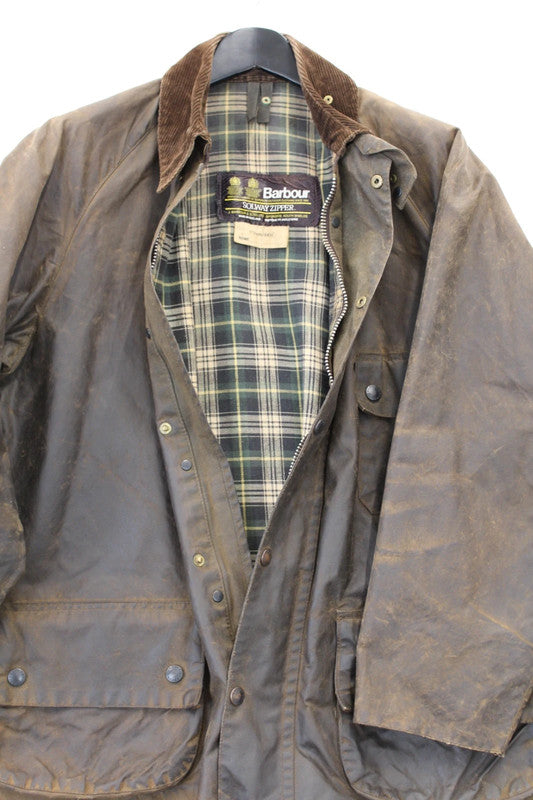 Vintage 80s Barbour Solway Zipper 2-Crest Waxed Cotton Jacket Brown 112cm / 44in
