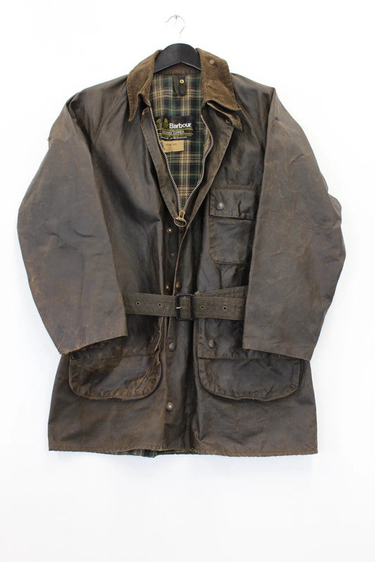 Vintage 80s Barbour Solway Zipper 2-Crest Waxed Cotton Jacket Brown 107cm / 42in