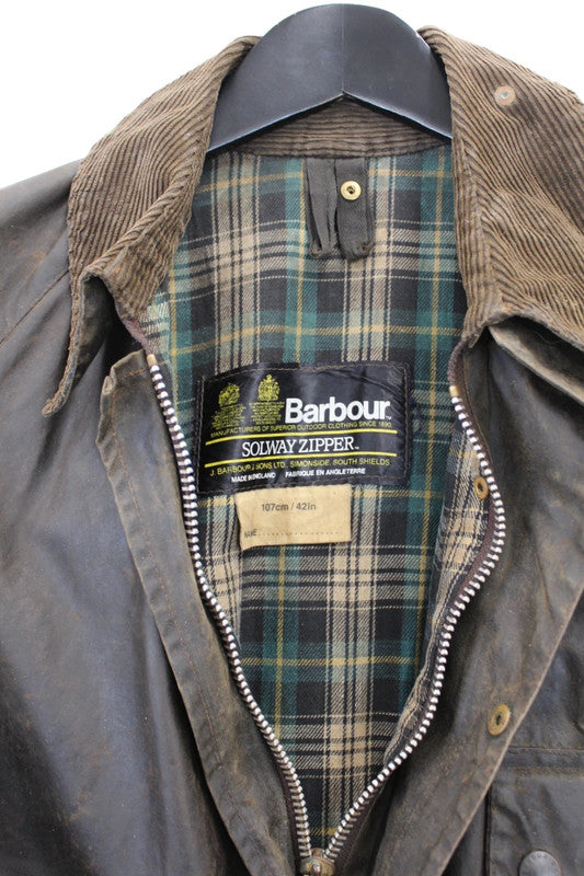 Vintage 80s Barbour Solway Zipper 2-Crest Waxed Cotton Jacket Brown 107cm / 42in