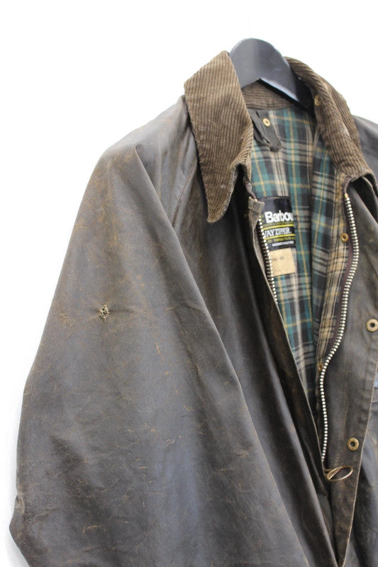 Vintage 80s Barbour Solway Zipper 2-Crest Waxed Cotton Jacket Brown 107cm / 42in