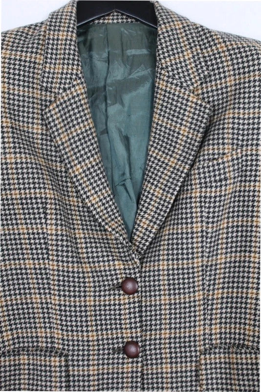 Vintage Italian Brown Tan Houndstooth Check Wool Tweed Blazer Jacket IT46