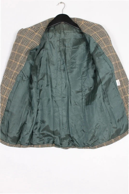 Vintage Italian Brown Tan Houndstooth Check Wool Tweed Blazer Jacket IT46