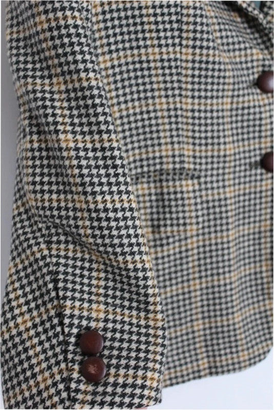 Vintage Italian Brown Tan Houndstooth Check Wool Tweed Blazer Jacket IT46