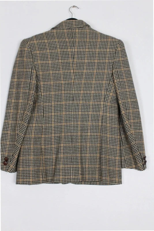 Vintage Italian Brown Tan Houndstooth Check Wool Tweed Blazer Jacket IT46