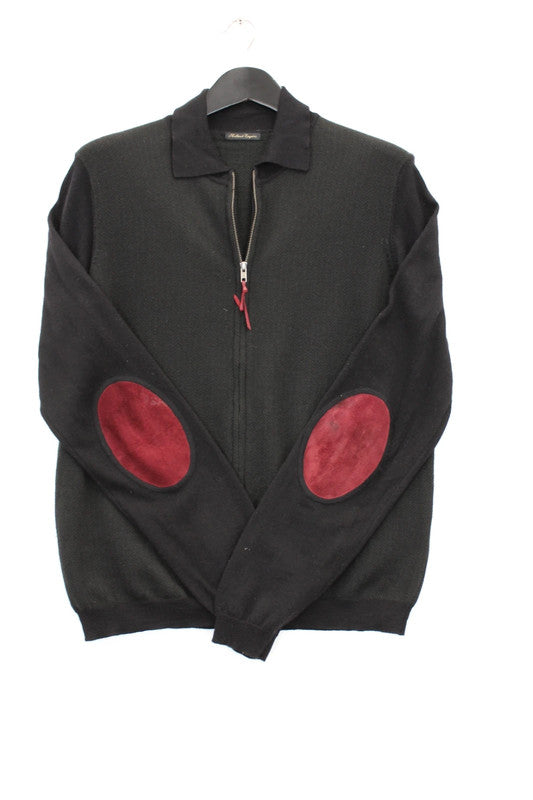 Vintage Holland Esquire Black 100% Merino Wool Knit Jumper Red Elbow Patches