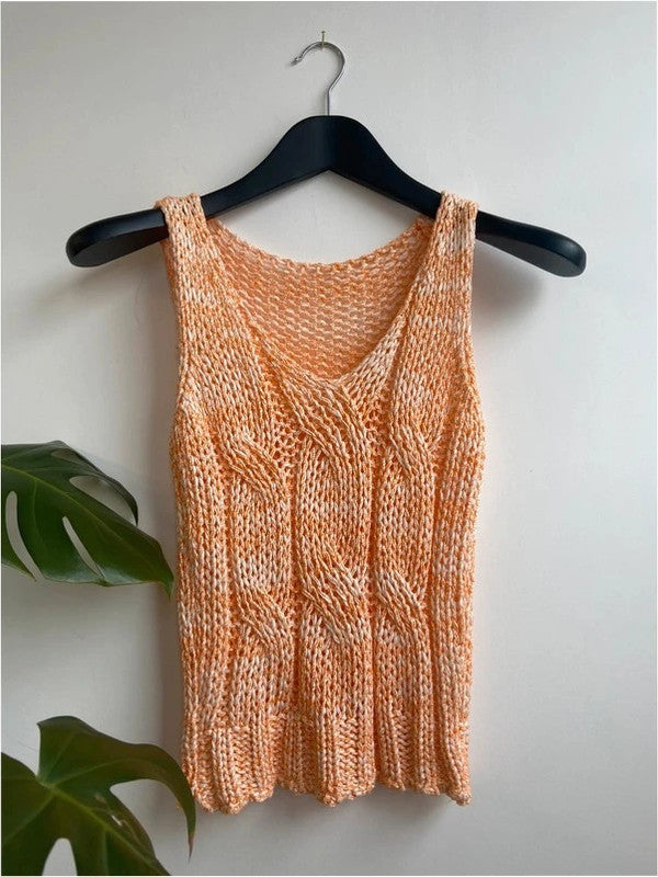 Orange and white loose knit cable vest top, m