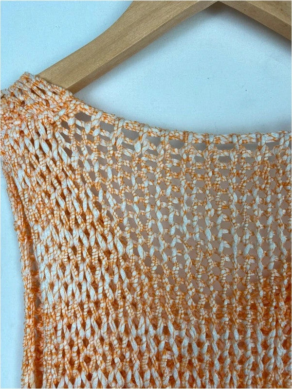 Orange and white loose knit cable vest top, m