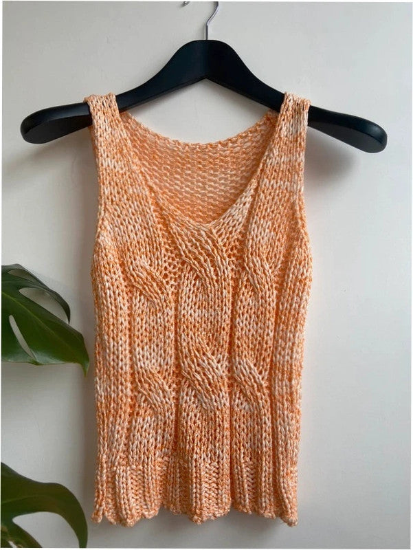 Orange and white loose knit cable vest top, m