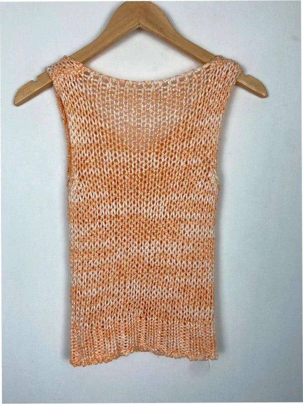 Orange and white loose knit cable vest top, m