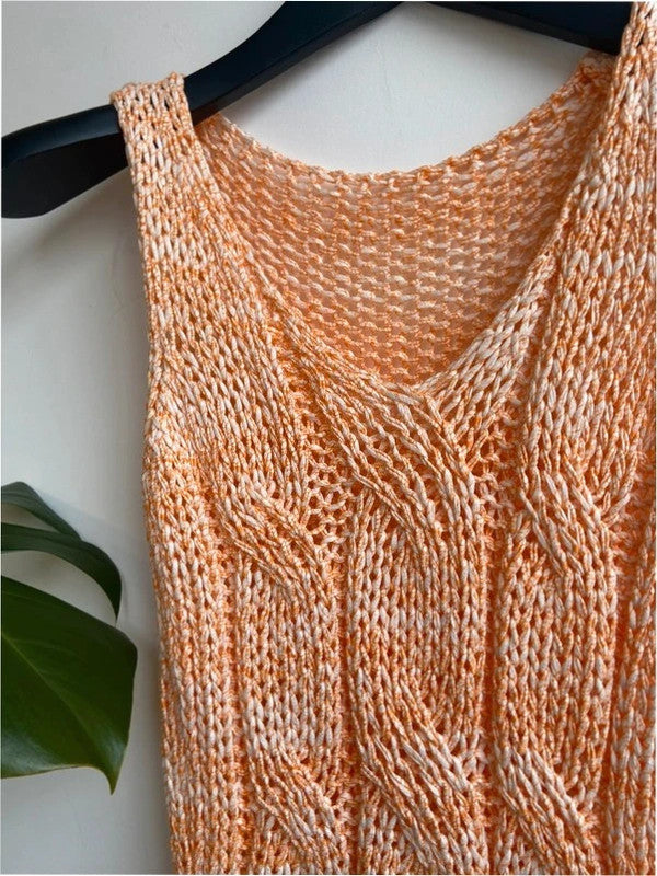 Orange and white loose knit cable vest top, m