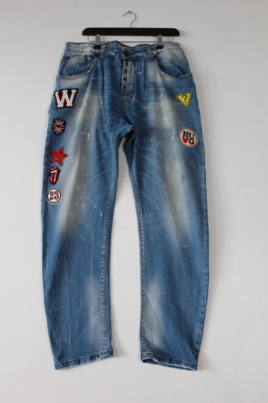 Adamus Italy Distressed Patchwork Denim Jeans Men’s Blue Paint Splatter Wide