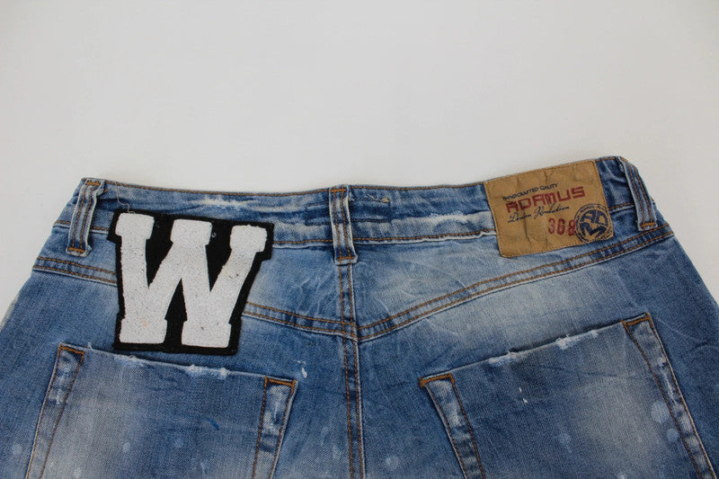 Adamus Italy Distressed Patchwork Denim Jeans Men’s Blue Paint Splatter Wide