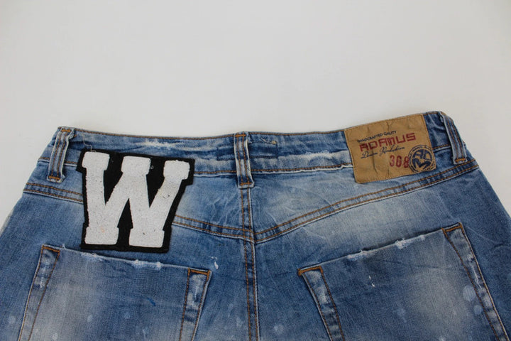 Adamus Italy Distressed Patchwork Denim Jeans Men’s Blue Paint Splatter Wide