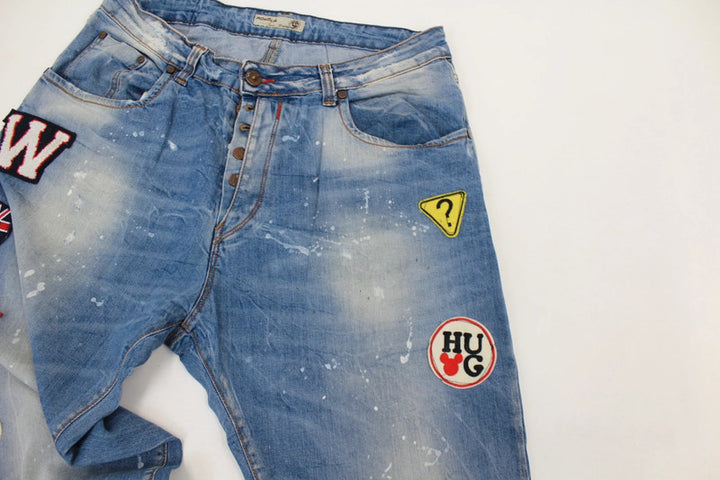 Adamus Italy Distressed Patchwork Denim Jeans Men’s Blue Paint Splatter Wide