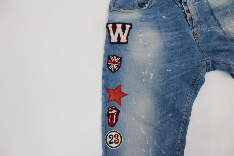 Adamus Italy Distressed Patchwork Denim Jeans Men’s Blue Paint Splatter Wide