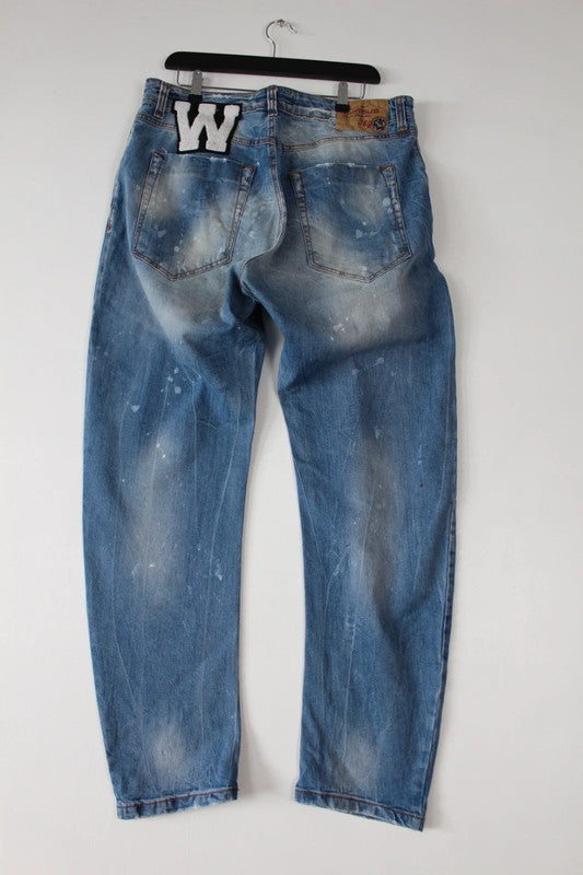 Adamus Italy Distressed Patchwork Denim Jeans Men’s Blue Paint Splatter Wide