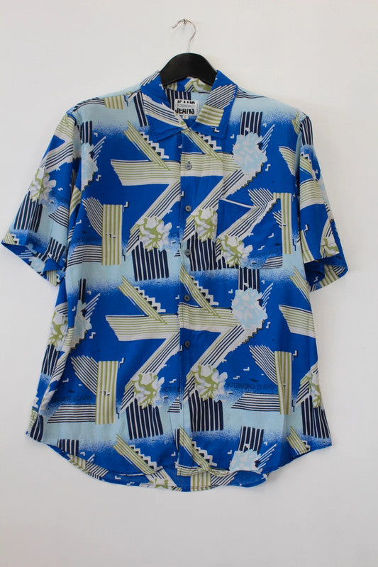 Vintage Iceberg Jeans Blue Multi Graphic Geometric Pattern Short Sleeve Shirt