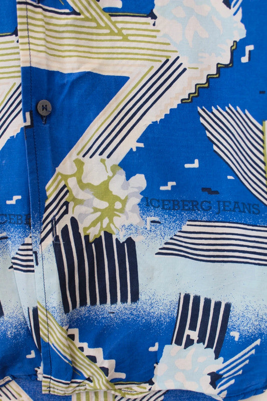 Vintage Iceberg Jeans Blue Multi Graphic Geometric Pattern Short Sleeve Shirt