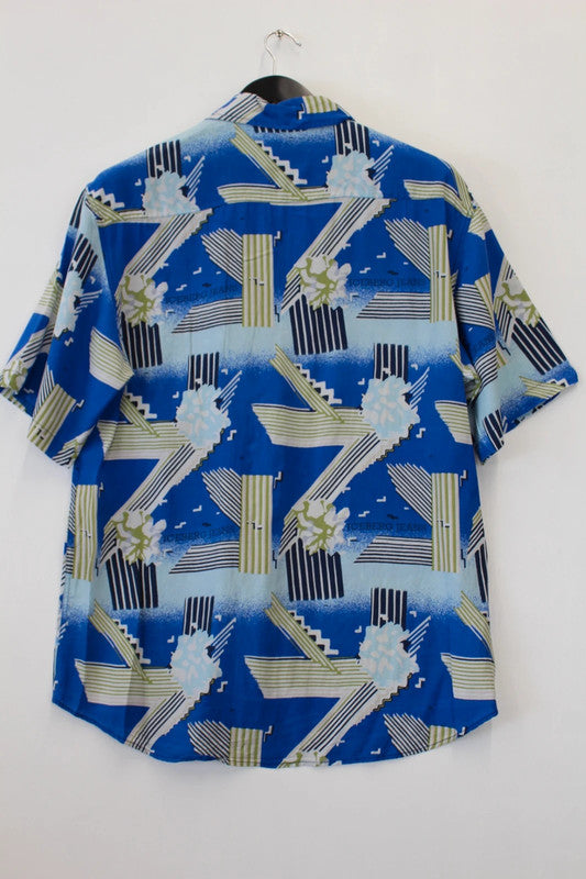 Vintage Iceberg Jeans Blue Multi Graphic Geometric Pattern Short Sleeve Shirt