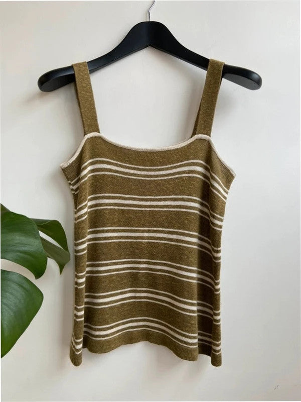 Khaki and white stripe knit vest top, medium