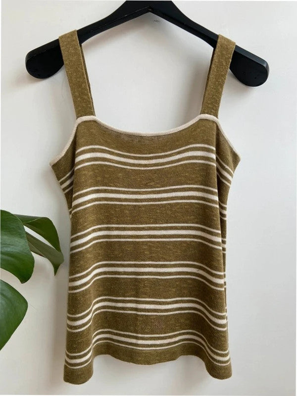 Khaki and white stripe knit vest top, medium