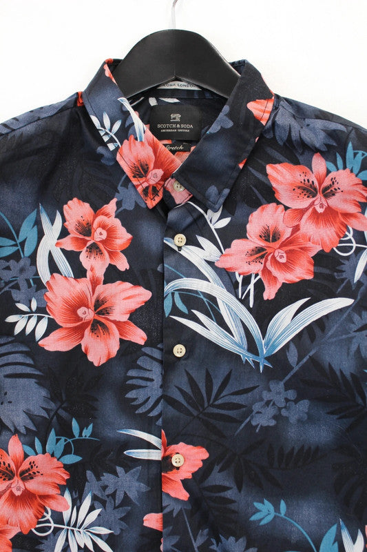 Scotch &amp; Soda Tropical Hibiscus Short Sleeve Button Down Hawaiian Shirt