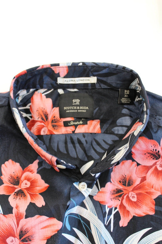 Scotch &amp; Soda Tropical Hibiscus Short Sleeve Button Down Hawaiian Shirt