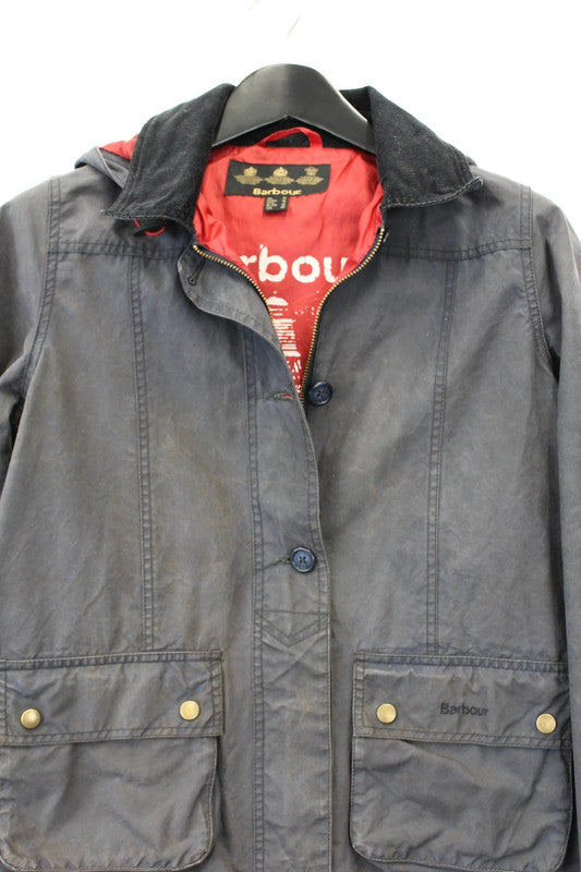 Vintage Barbour Shore Wax Navy Blue Hooded Utility Jacket Women’s UK10