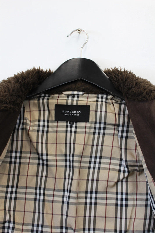 Burberry Black Label Suede Mouton Jacket Brown Nova Check Medium