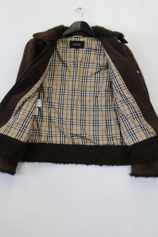 Burberry Black Label Suede Mouton Jacket Brown Nova Check Medium