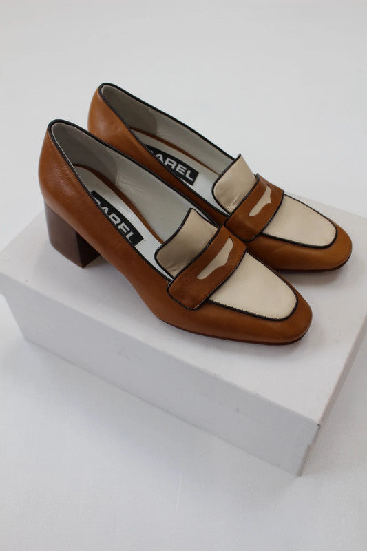 Carel Leather Heeled Loafers / Two-Tone Brown & Cream Block Heel Pumps EU37