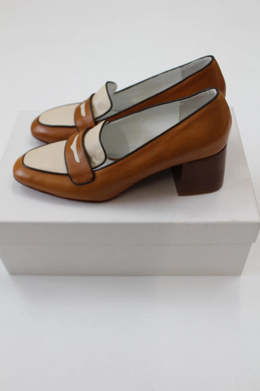 Carel Leather Heeled Loafers / Two-Tone Brown & Cream Block Heel Pumps EU37