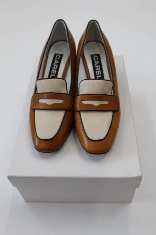 Carel Leather Heeled Loafers / Two-Tone Brown & Cream Block Heel Pumps EU37