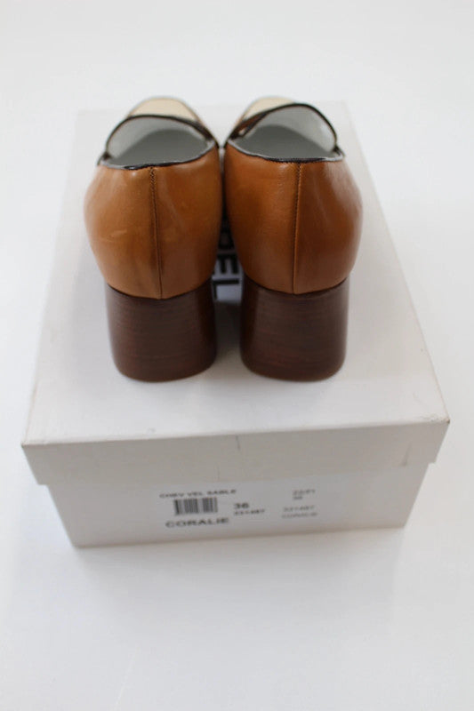 Carel Leather Heeled Loafers / Two-Tone Brown & Cream Block Heel Pumps EU37