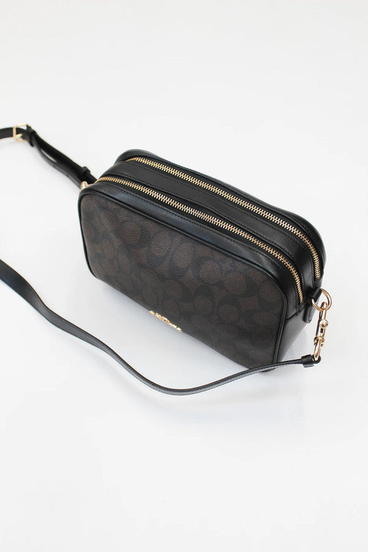 Coach Brown Black Signature Coated Canvas Double Zip Crossbody Bag Large