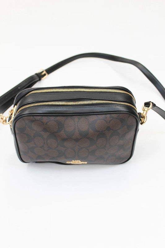 Coach Brown Black Signature Coated Canvas Double Zip Crossbody Bag Large