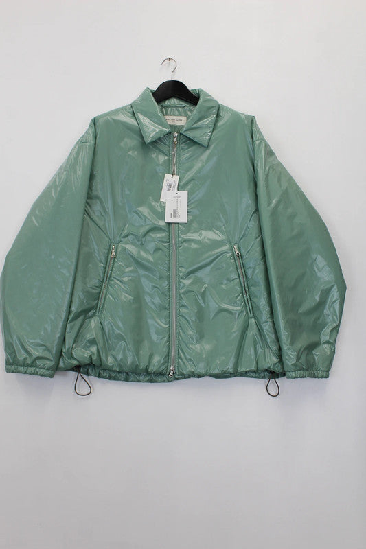 Dries Van Noten Green Nylon Crinkle Zip Up Jacket Hoodless Padded Large