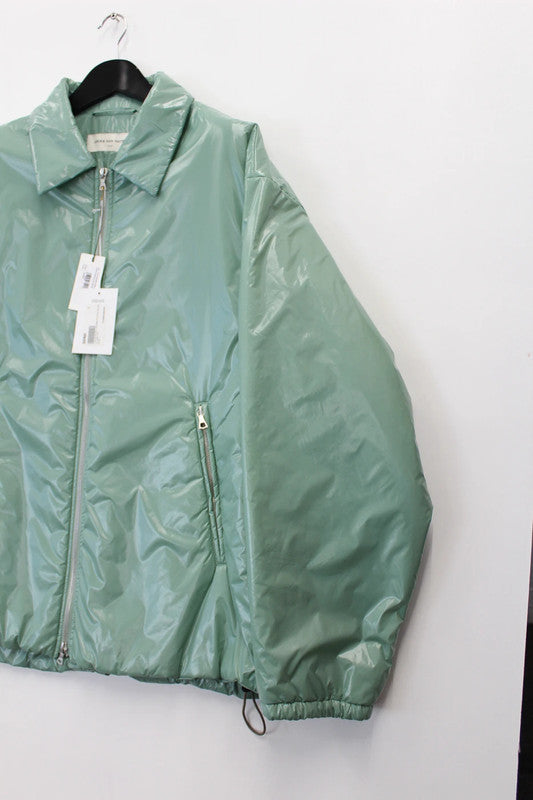 Dries Van Noten Green Nylon Crinkle Zip Up Jacket Hoodless Padded Large