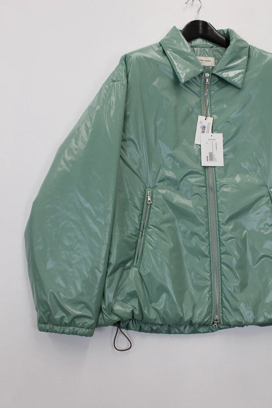 Dries Van Noten Green Nylon Crinkle Zip Up Jacket Hoodless Padded Large