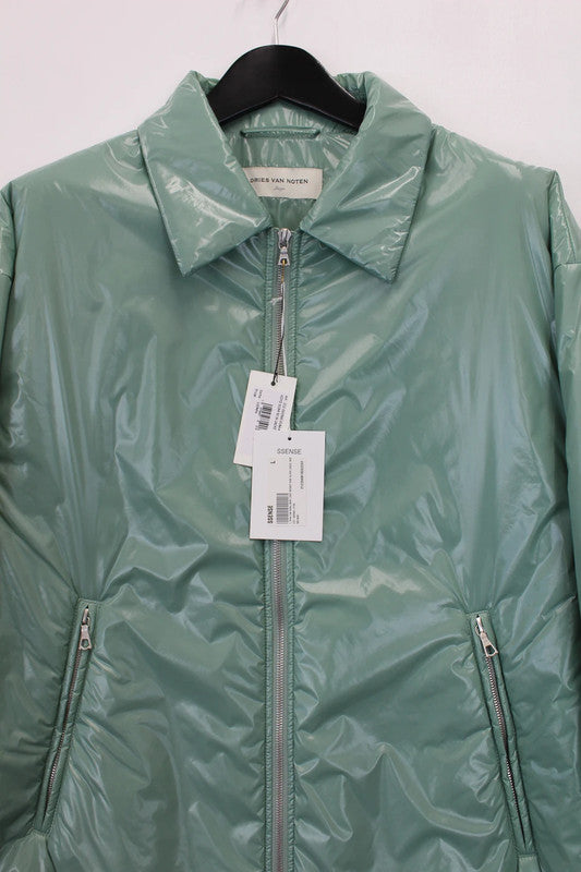 Dries Van Noten Green Nylon Crinkle Zip Up Jacket Hoodless Padded Large