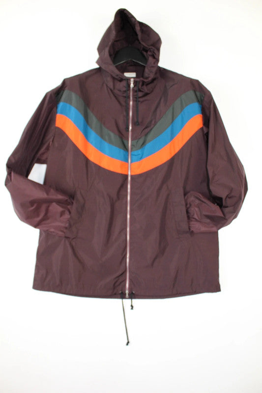 Dries Van Noten Burgundy Oversized Zip Up Windbreaker Jacket Rainbow Wave Stripe