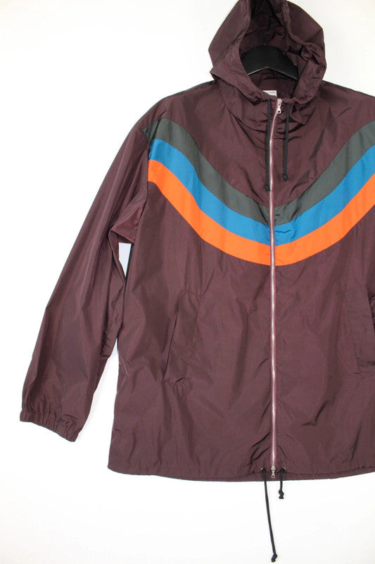Dries Van Noten Burgundy Oversized Zip Up Windbreaker Jacket Rainbow Wave Stripe
