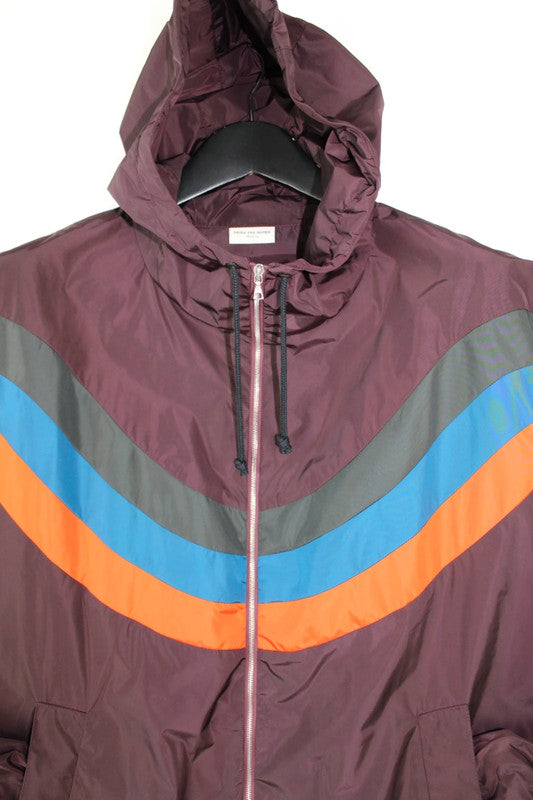Dries Van Noten Burgundy Oversized Zip Up Windbreaker Jacket Rainbow Wave Stripe