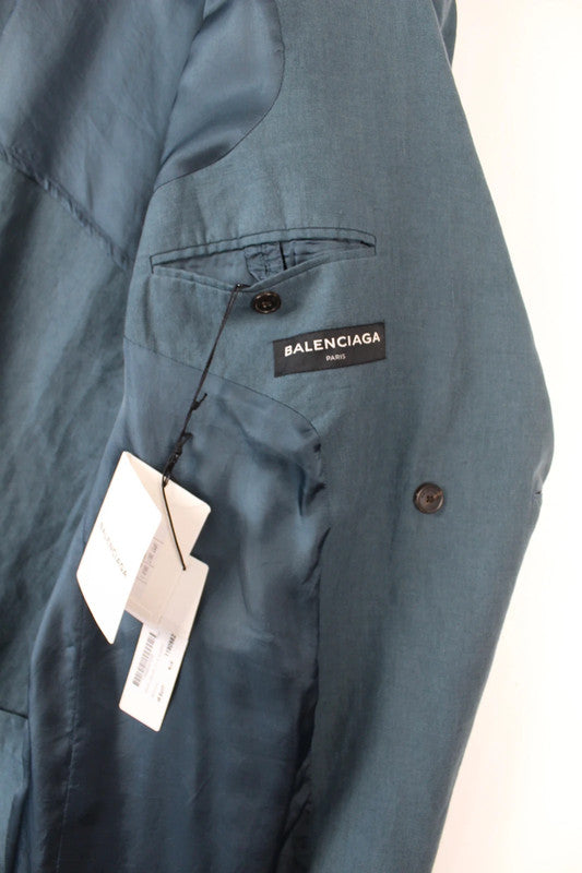 Balenciaga Blue Double-Breasted Linen Blazer Structured Peak Lapel Jacket 48EU