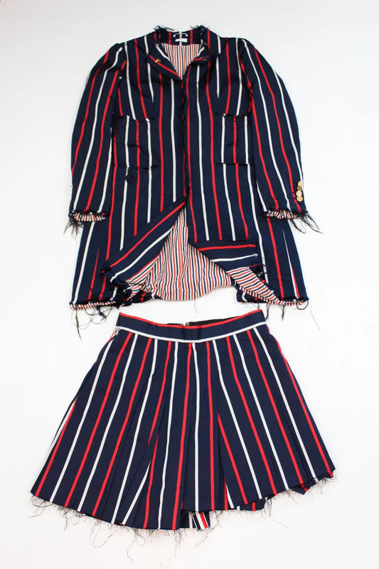 Thom Browne Blue College Stripe Distressed Cropped Jacket &amp; Pleated Mini Skirt Set