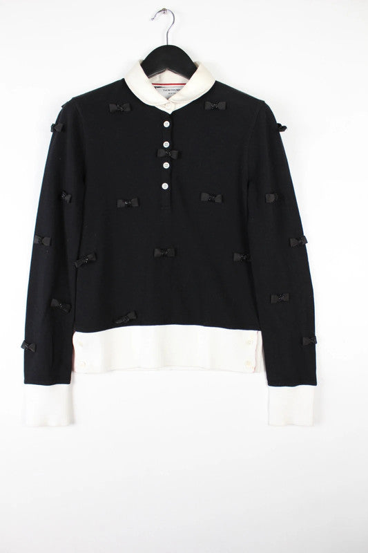 Thom Browne Black White Bow Detail Peter Pan Collar Long Sleeve Top