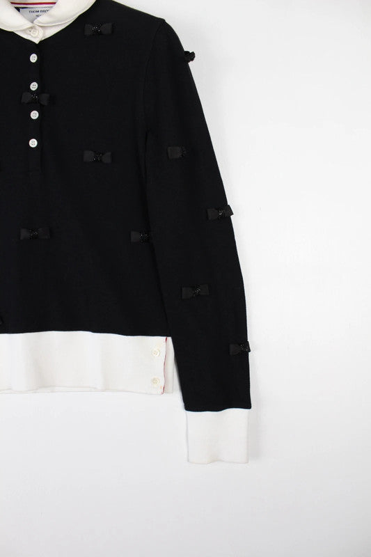 Thom Browne Black White Bow Detail Peter Pan Collar Long Sleeve Top