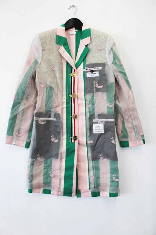 Thom Browne Pre-Fall 2019 Sheer Duck Embroidered Striped Coat EU40