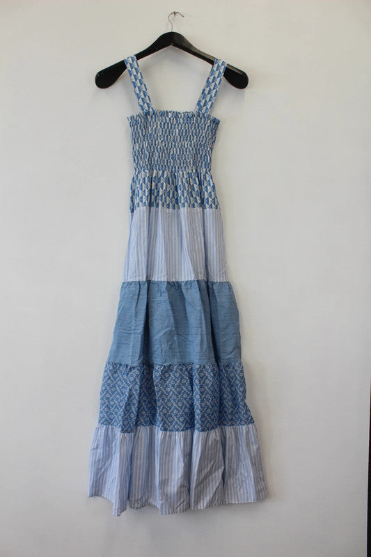 Sandro Tropea Multiprint Cotton Maxi Dress Blue & White XS